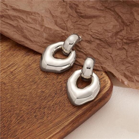 Silver Irregular Dangle Earrings | Vintage Door Knocker Hoop Statement Jewelry - Picture 1 of 5